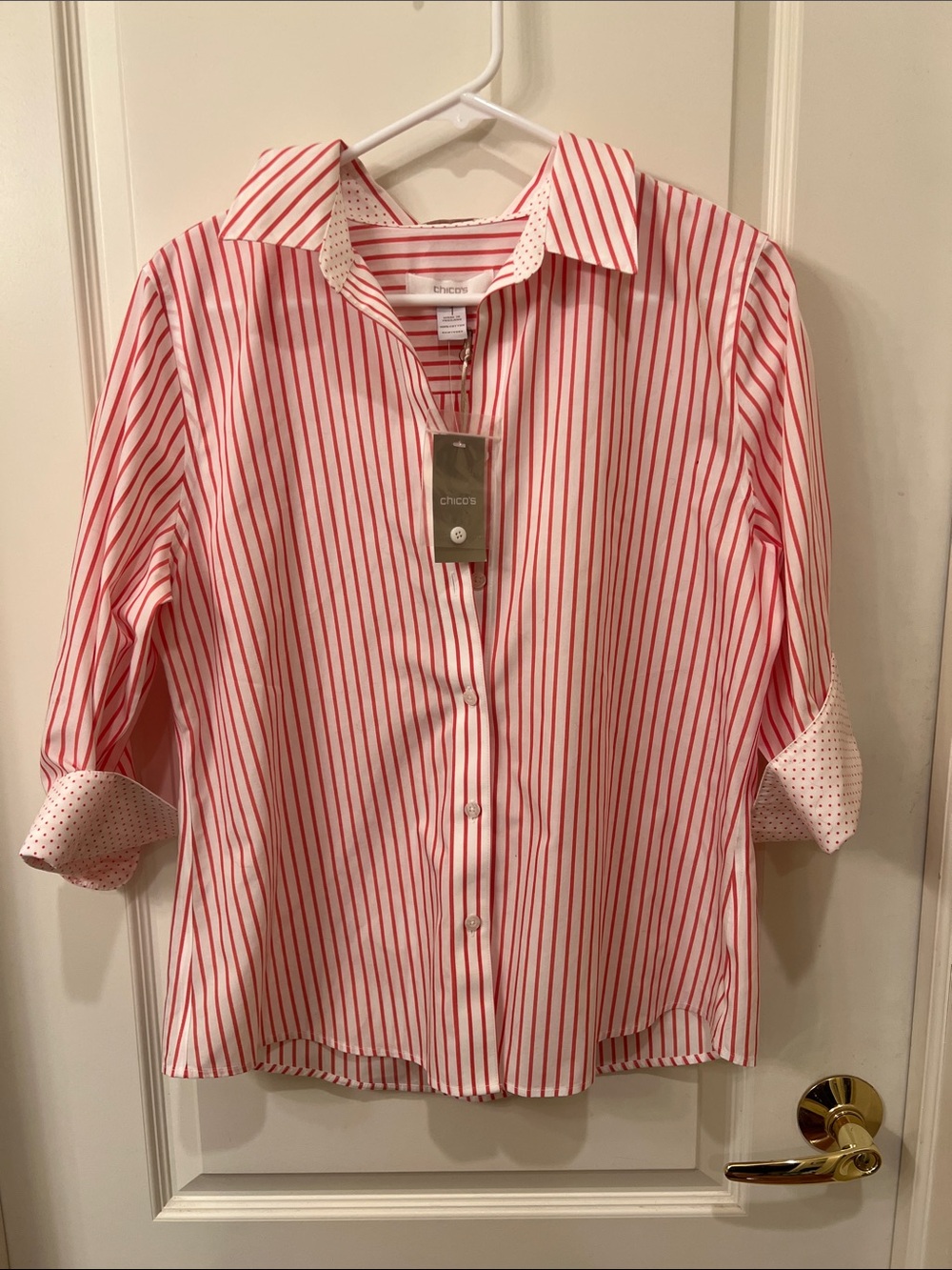 Chico's Pink and White Striped Roll-Tab Button Shirt